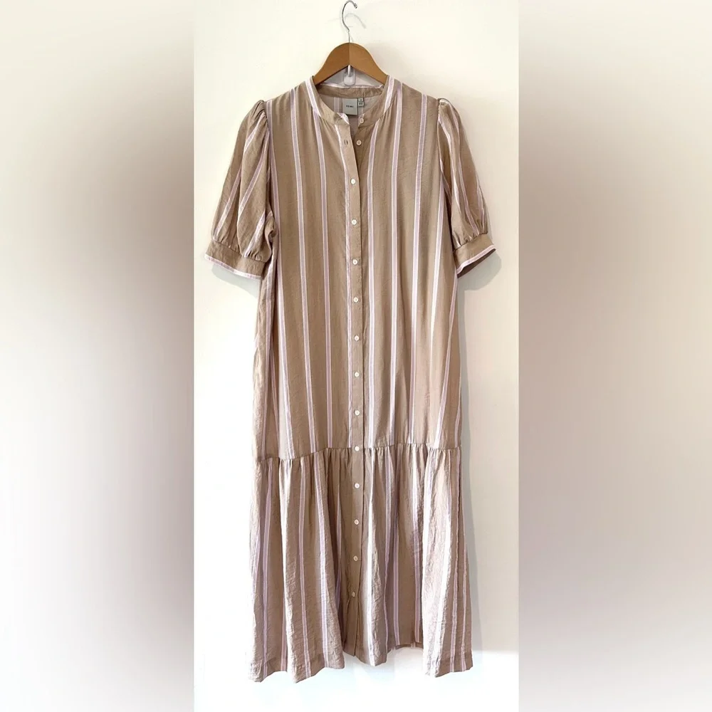ICHI Striped Puff Sleeve Button-Front Dress - Size 38 - Picture 2 of 7